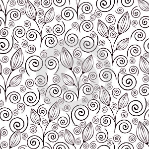 Abstract flowers seamless pattern, black and white outline hand drawing, linear illustration, vector monochrome background. Flower